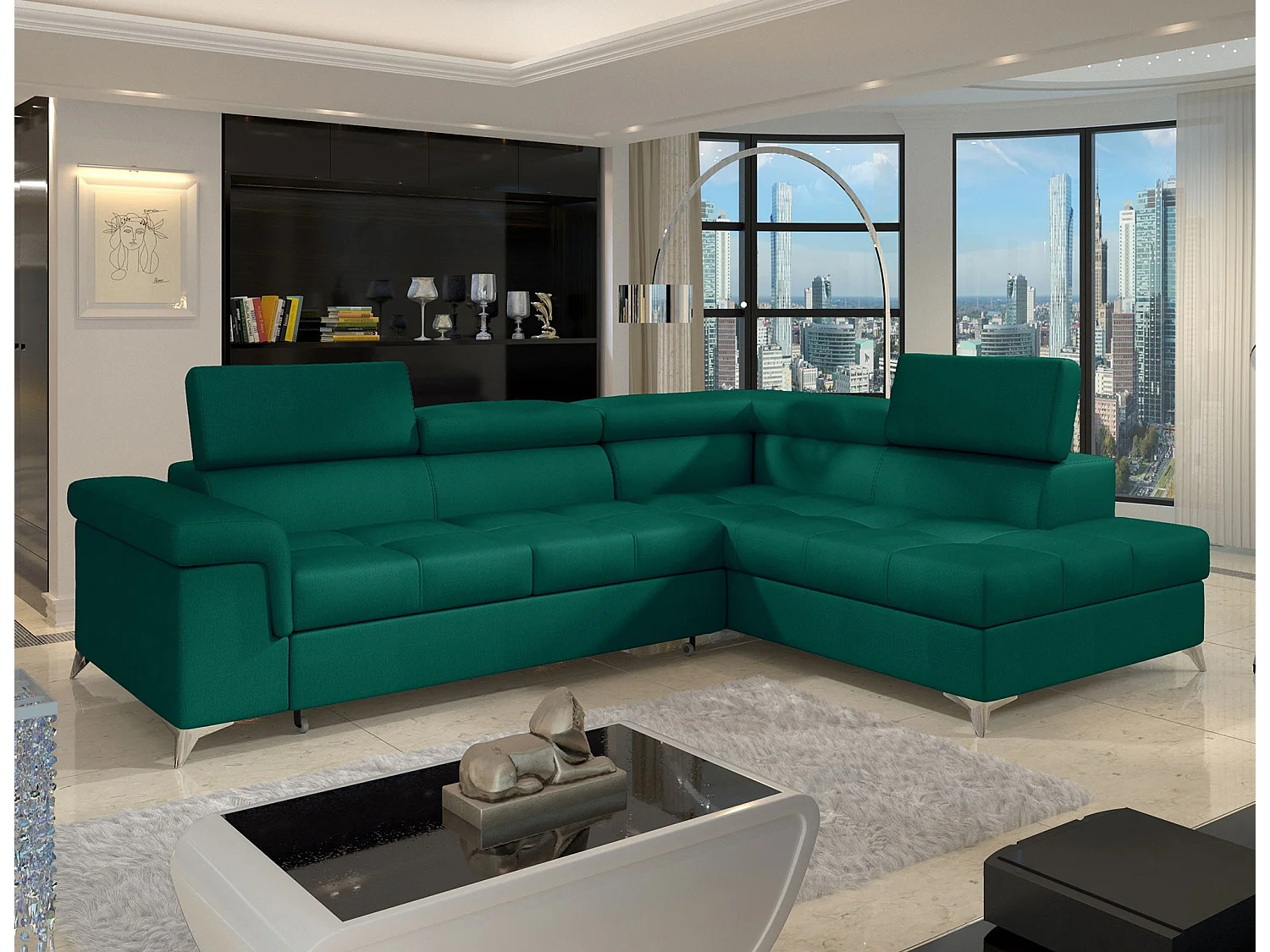 Canapé d'angle convertible velours MARIDO - Coffre et appuis-tête réglables-Vert sapin-angle droit