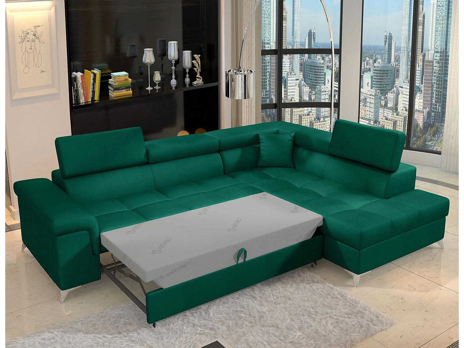 Canapé d'angle convertible velours MARIDO - Coffre et appuis-tête réglables-Vert sapin-angle droit