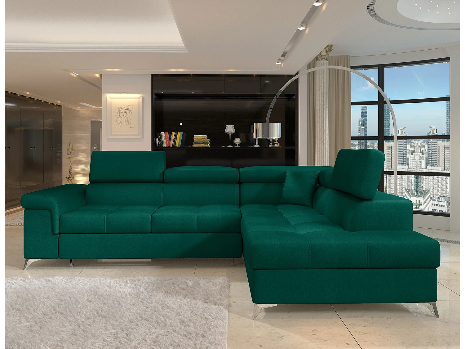 Canapé d'angle convertible velours MARIDO - Coffre et appuis-tête réglables-Vert sapin-angle droit