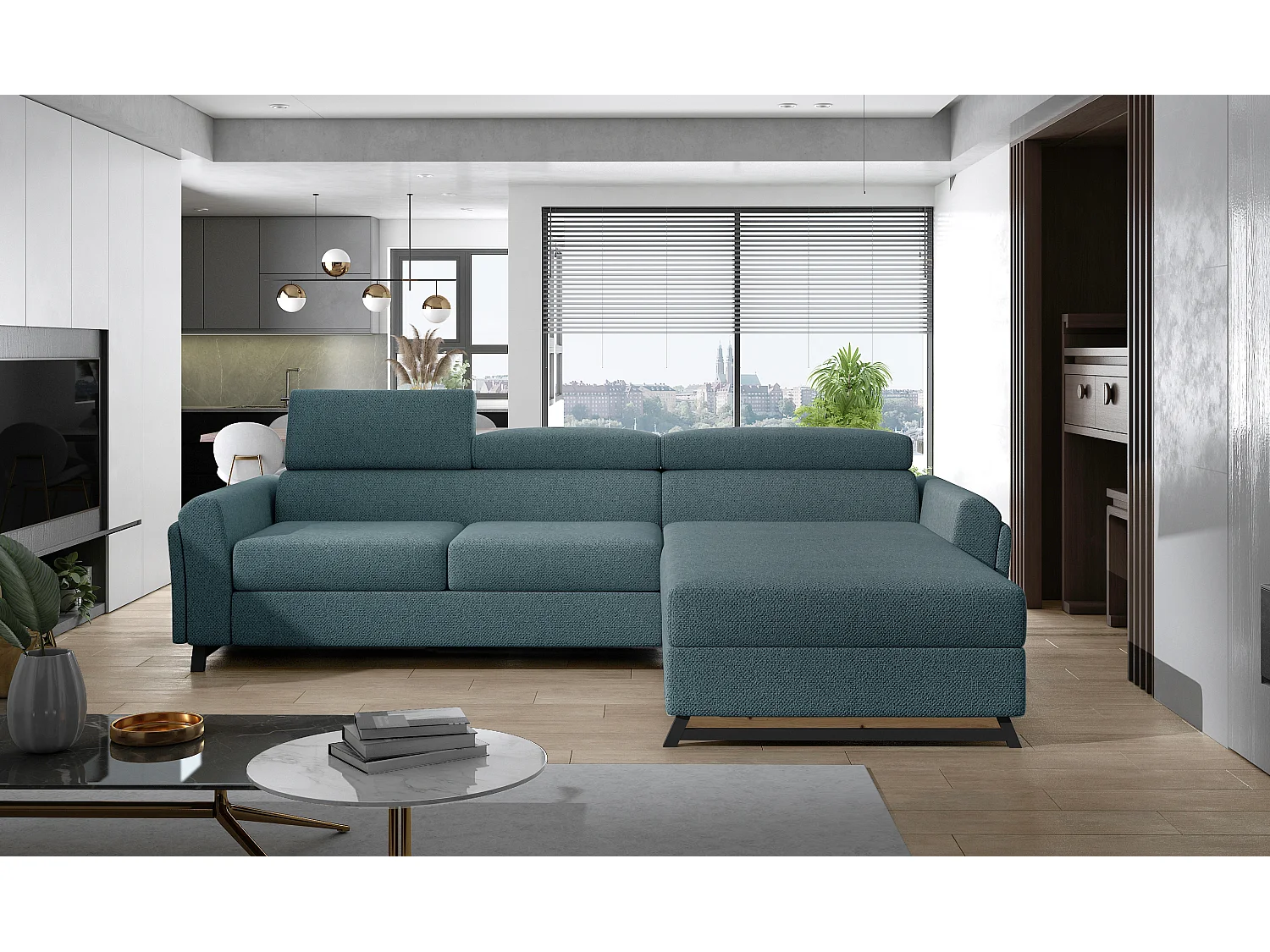 Canapé angle droit convertible tissu bleu avec appuis-tête réglables Mazerali 300cm