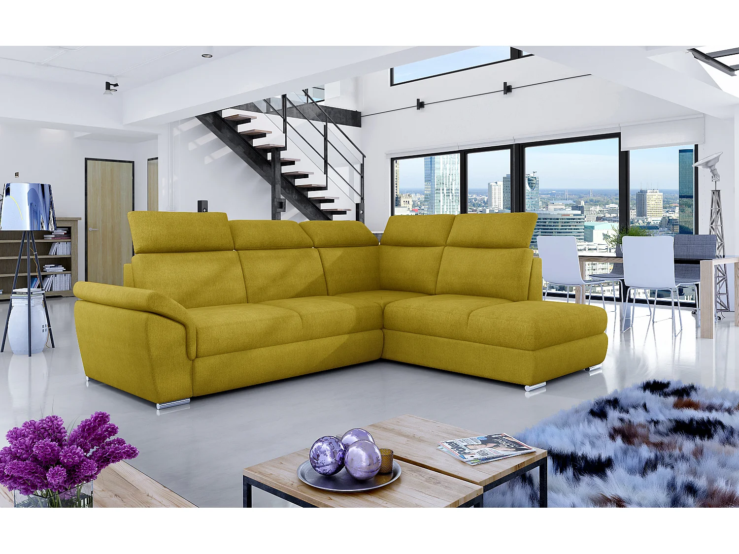 Canapé angle droit convertible tissu jaune avec appuis-tête réglables Kepita 260cm