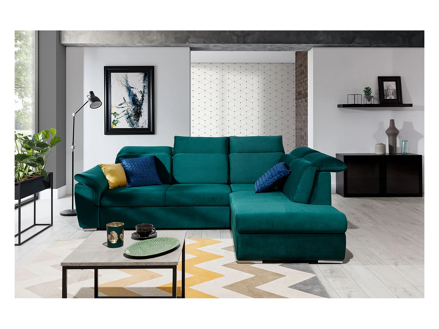 Canapé angle droit convertible tissu jaune avec appuis-tête réglables Kepita 260cm