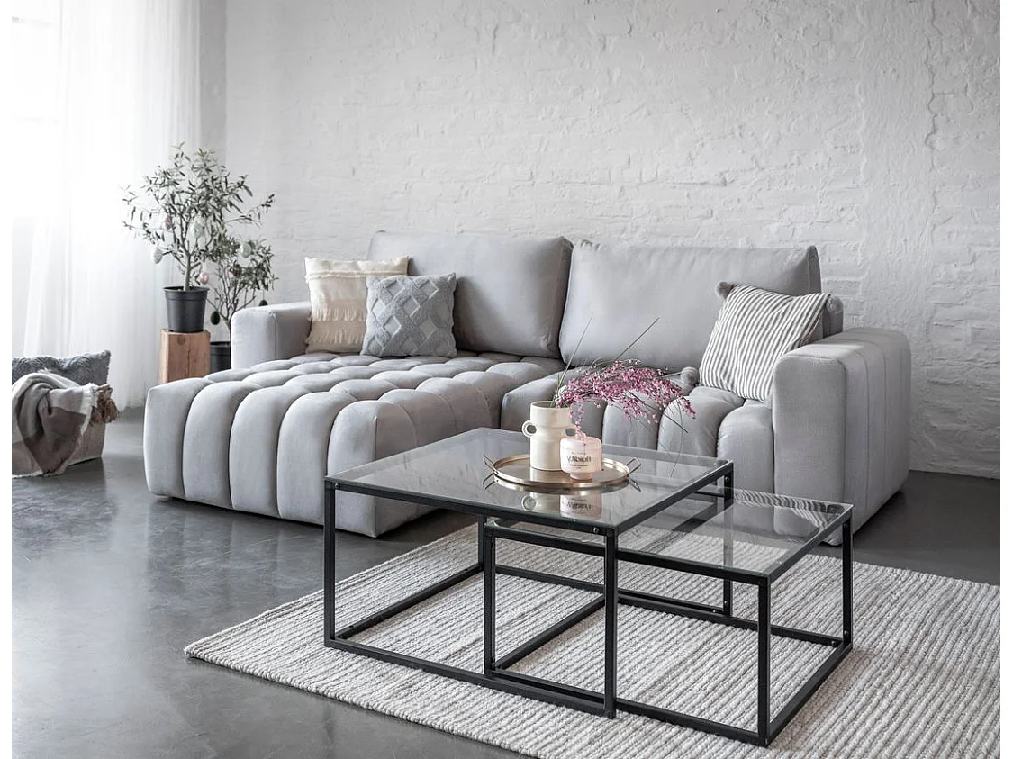 Canapé convertible design velours matelassé gris clair angle gauche Bozen 250cm