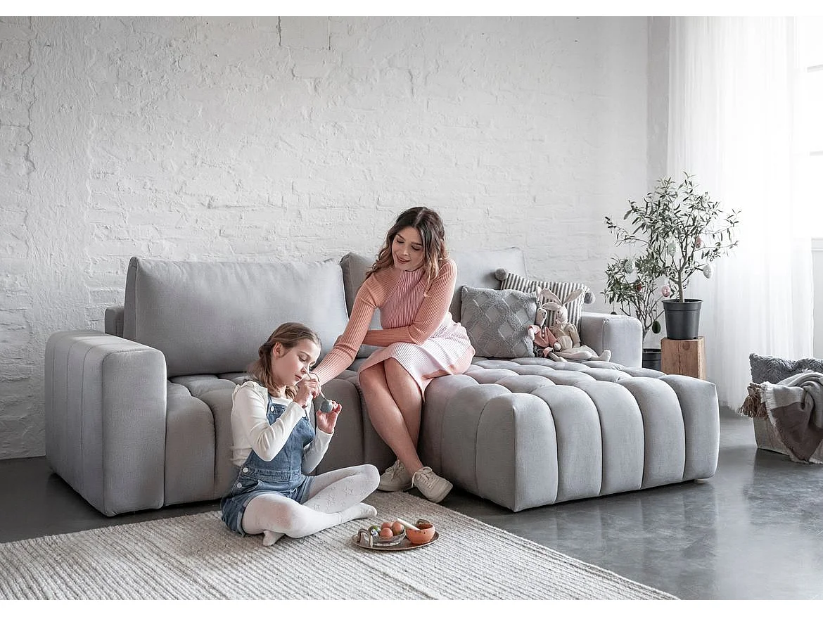 Canapé convertible design velours matelassé gris clair angle gauche Bozen 250cm