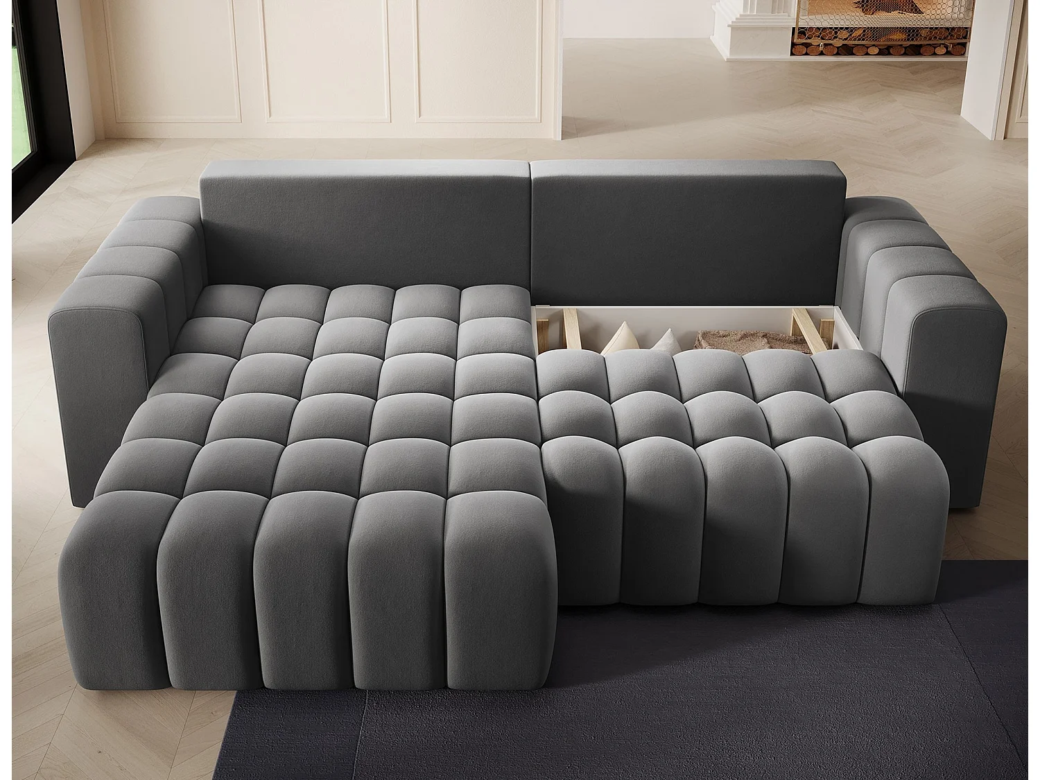 Canapé d’angle velours capitonné BOZEN – Convertible et rangement-Gris foncé-angle gauche