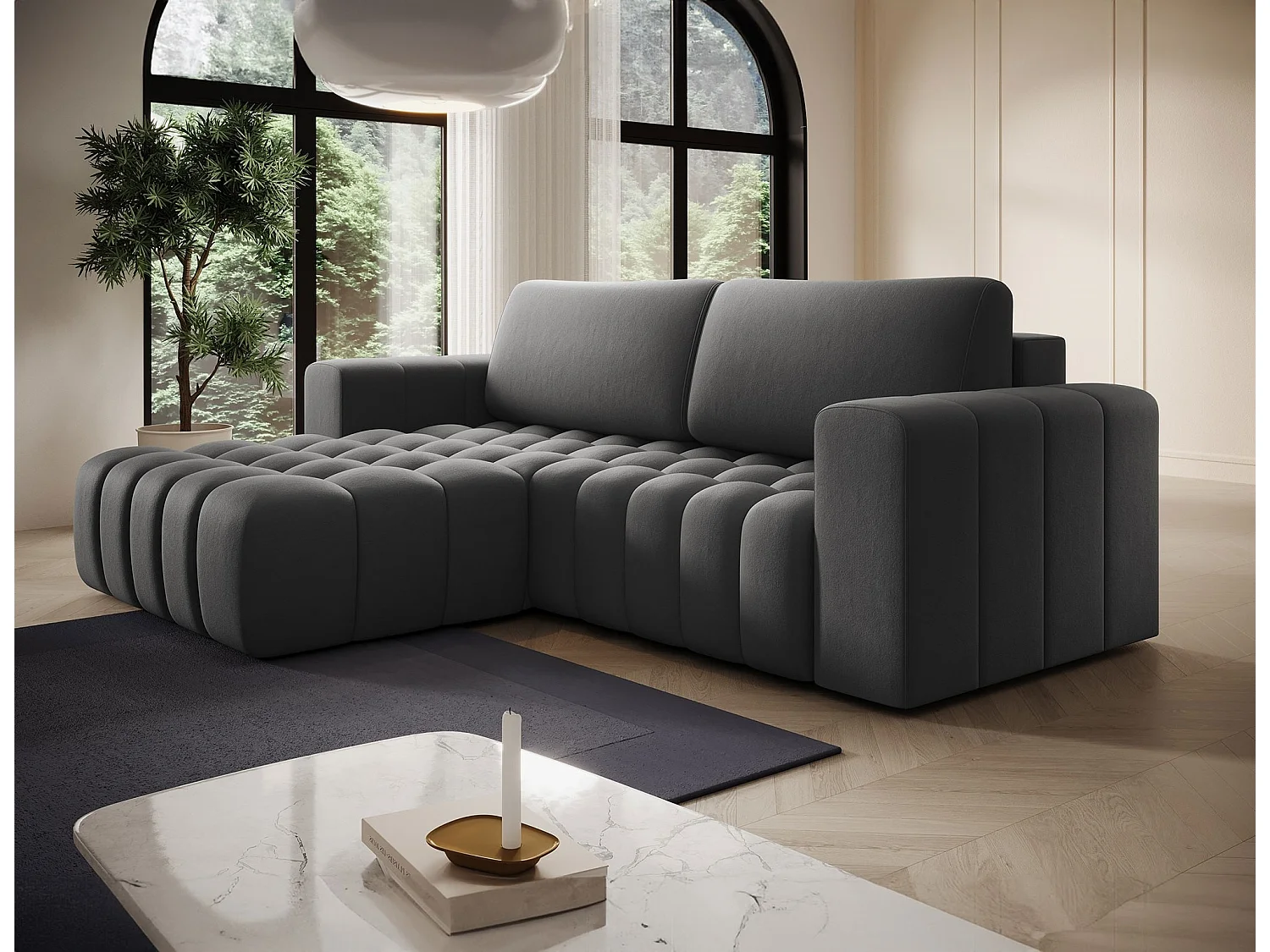 Canapé d’angle velours capitonné BOZEN – Convertible et rangement-Gris foncé-angle gauche