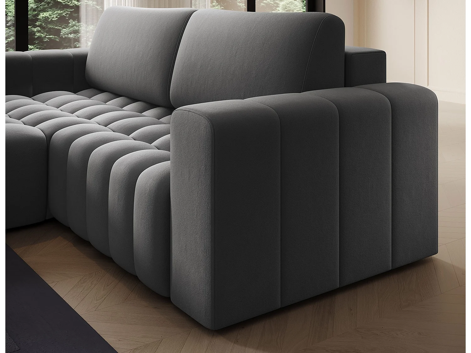 Canapé d’angle velours capitonné BOZEN – Convertible et rangement-Gris foncé-angle gauche