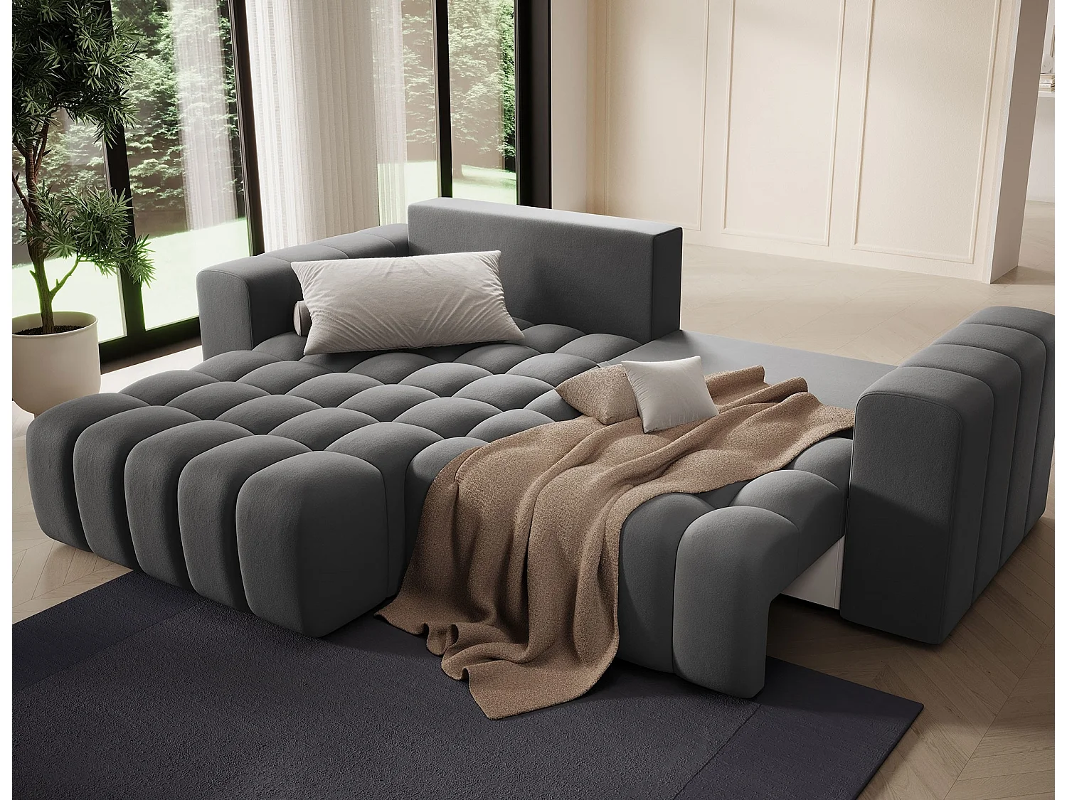 Canapé d’angle velours capitonné BOZEN – Convertible et rangement-Gris foncé-angle gauche