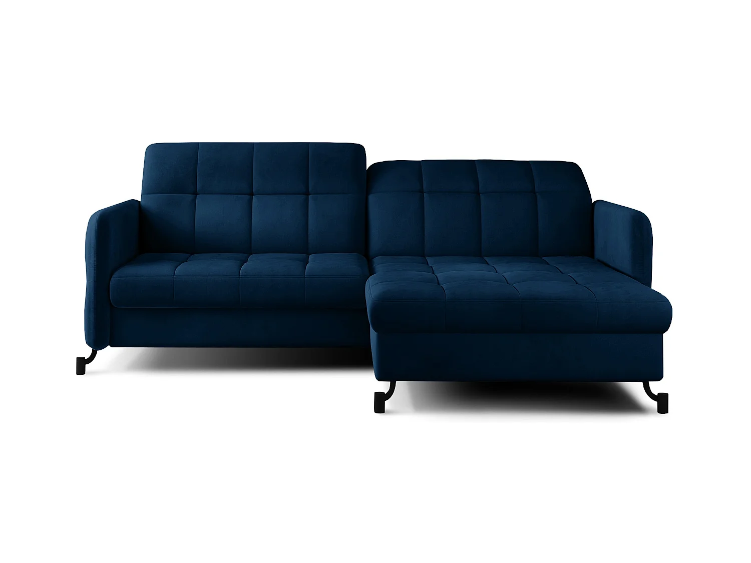 Canapé convertible angle droit avec têtières réglables velours matelassé bleu foncé Lory 225cm