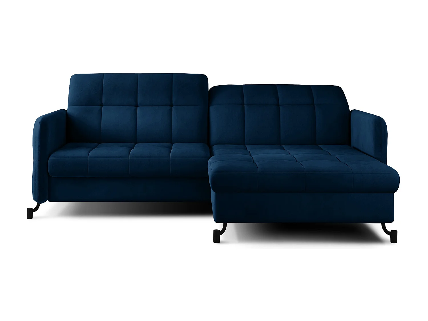 Canapé convertible angle droit avec têtières réglables velours matelassé bleu foncé Lory 225cm
