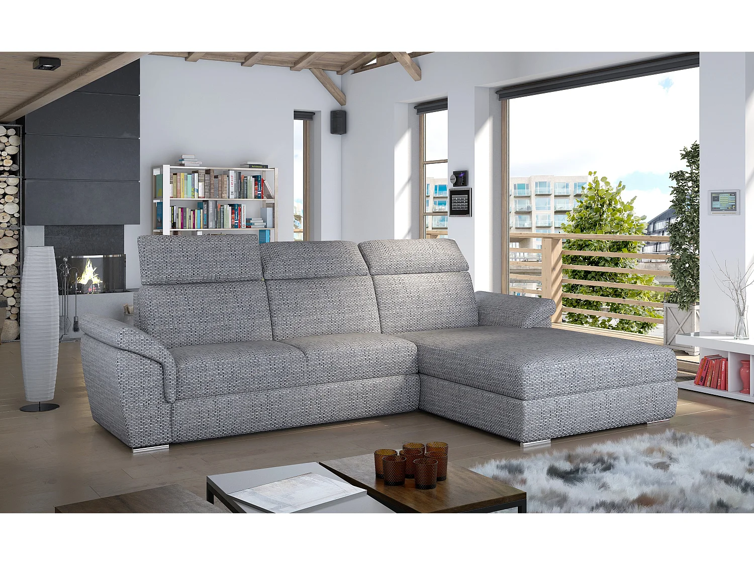 Canapé convertible d'angle droit tissu gris clair chiné têtières réglables Suzy 272cm