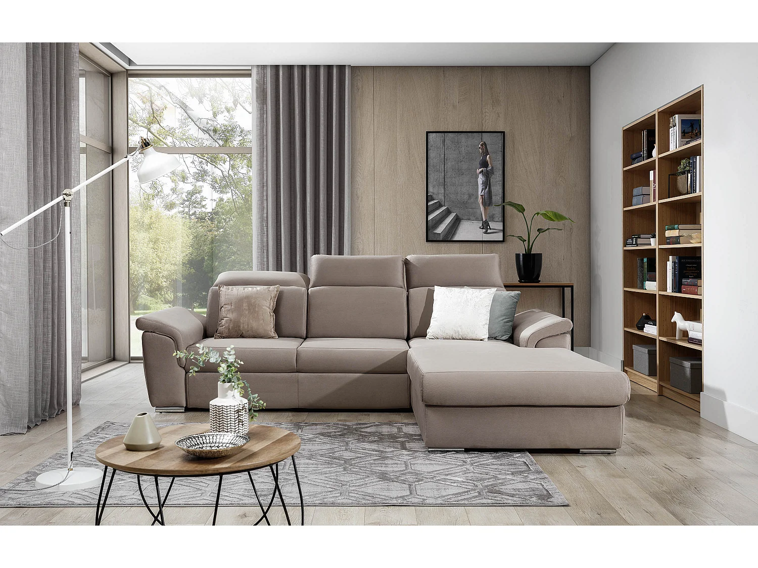 Canapé convertible d'angle droit tissu gris clair chiné têtières réglables Suzy 272cm