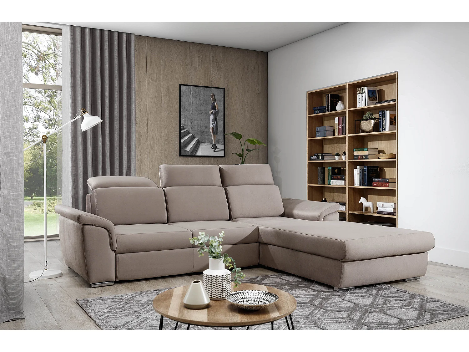 Canapé convertible d'angle droit tissu gris clair chiné têtières réglables Suzy 272cm