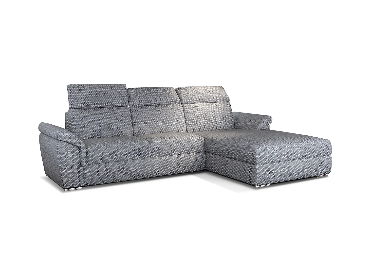 Canapé convertible d'angle droit tissu gris clair chiné têtières réglables Suzy 272cm