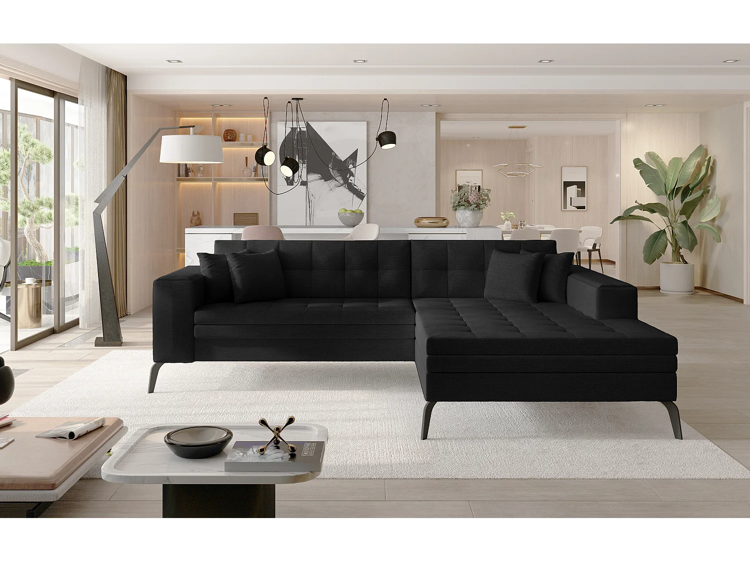 Canapé convertible capitonné angle droit tissu noir et pieds métal noir Lazor 295cm