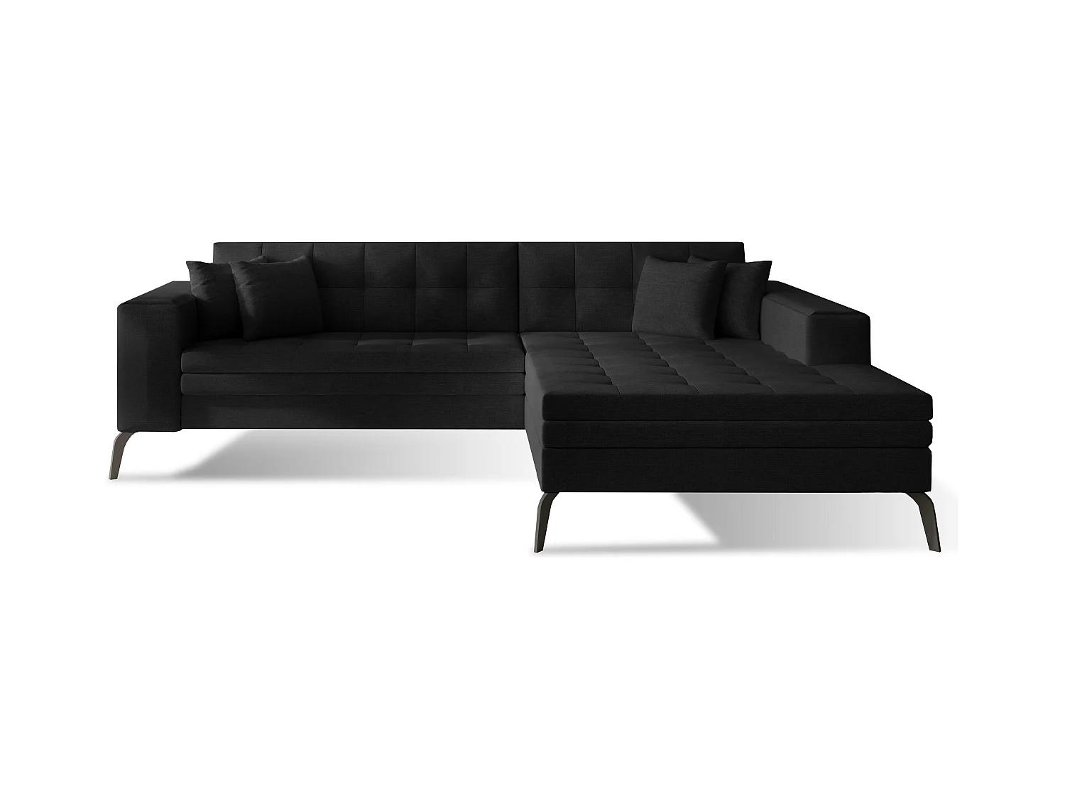 Canapé convertible capitonné angle droit tissu noir et pieds métal noir Lazor 295cm