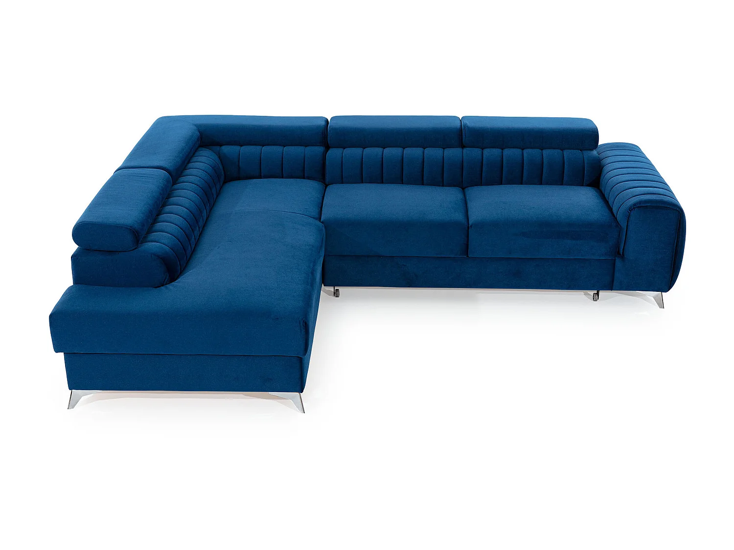 Canapé angle gauche convertible avec appuis-tête réglables velours bleu foncé Lozan 275cm