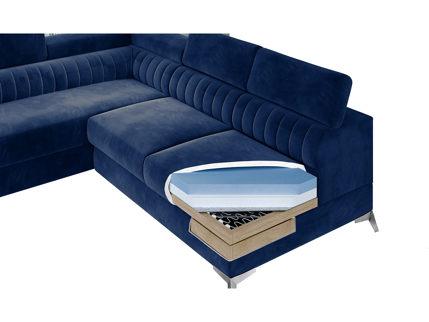 Canapé angle gauche convertible avec appuis-tête réglables velours bleu foncé Lozan 275cm