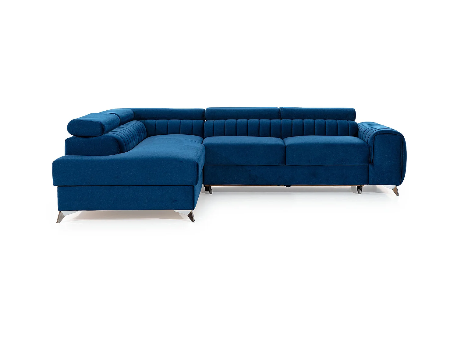 Canapé angle gauche convertible avec appuis-tête réglables velours bleu foncé Lozan 275cm
