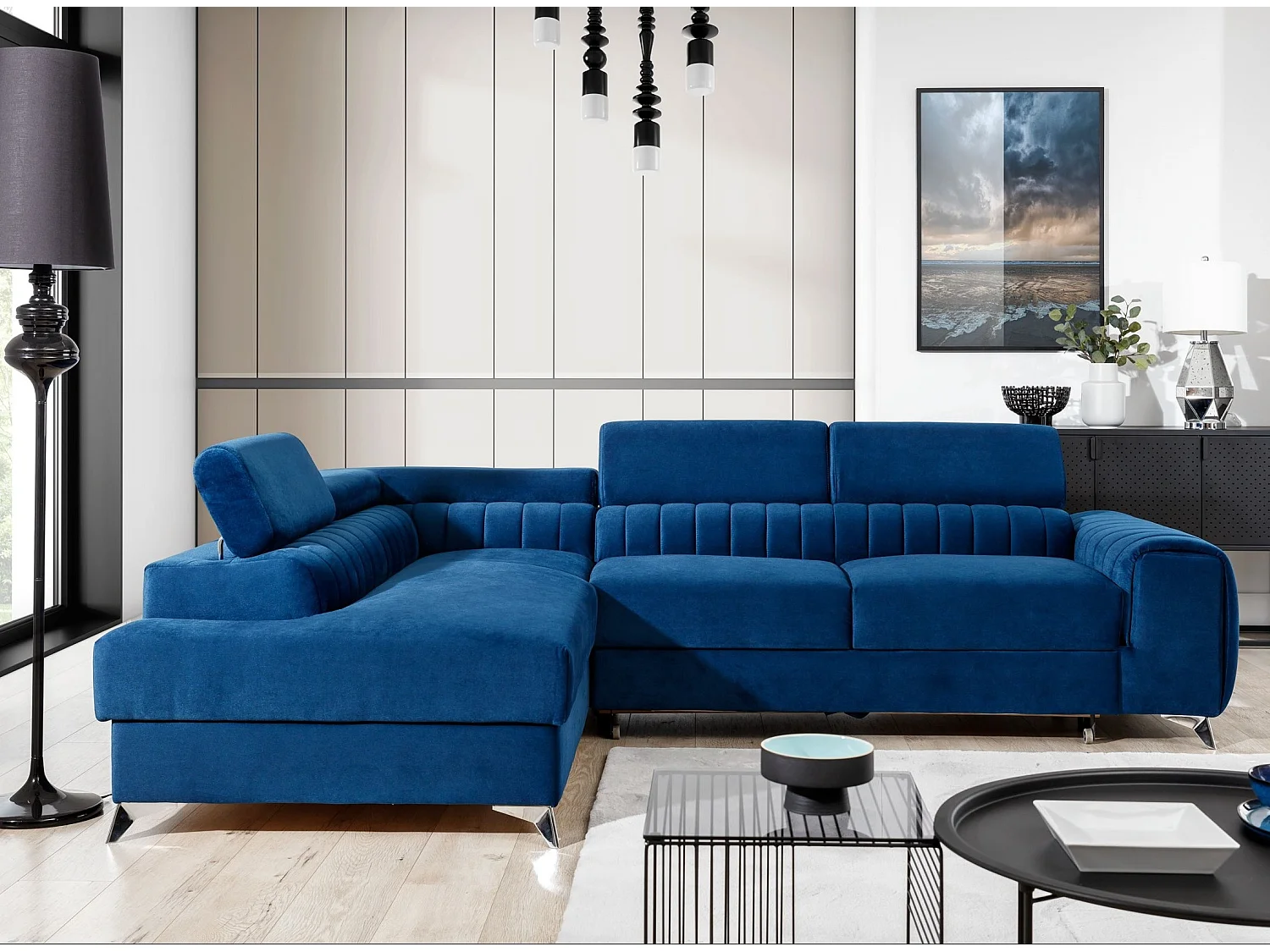 Canapé angle gauche convertible avec appuis-tête réglables velours bleu foncé Lozan 275cm