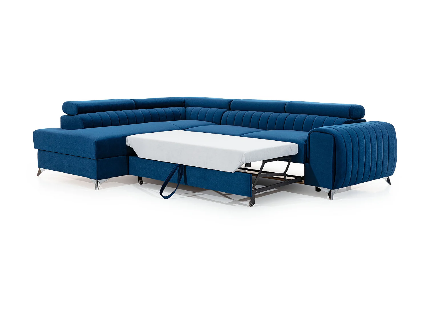 Canapé angle gauche convertible avec appuis-tête réglables velours bleu foncé Lozan 275cm