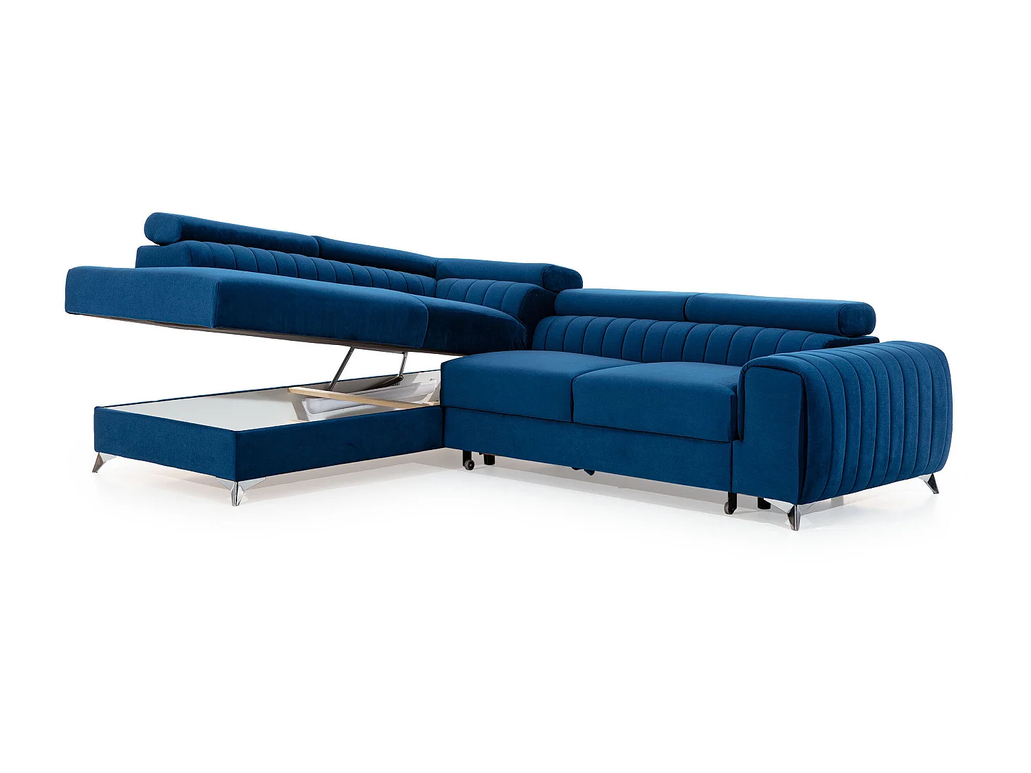 Canapé angle gauche convertible avec appuis-tête réglables velours bleu foncé Lozan 275cm
