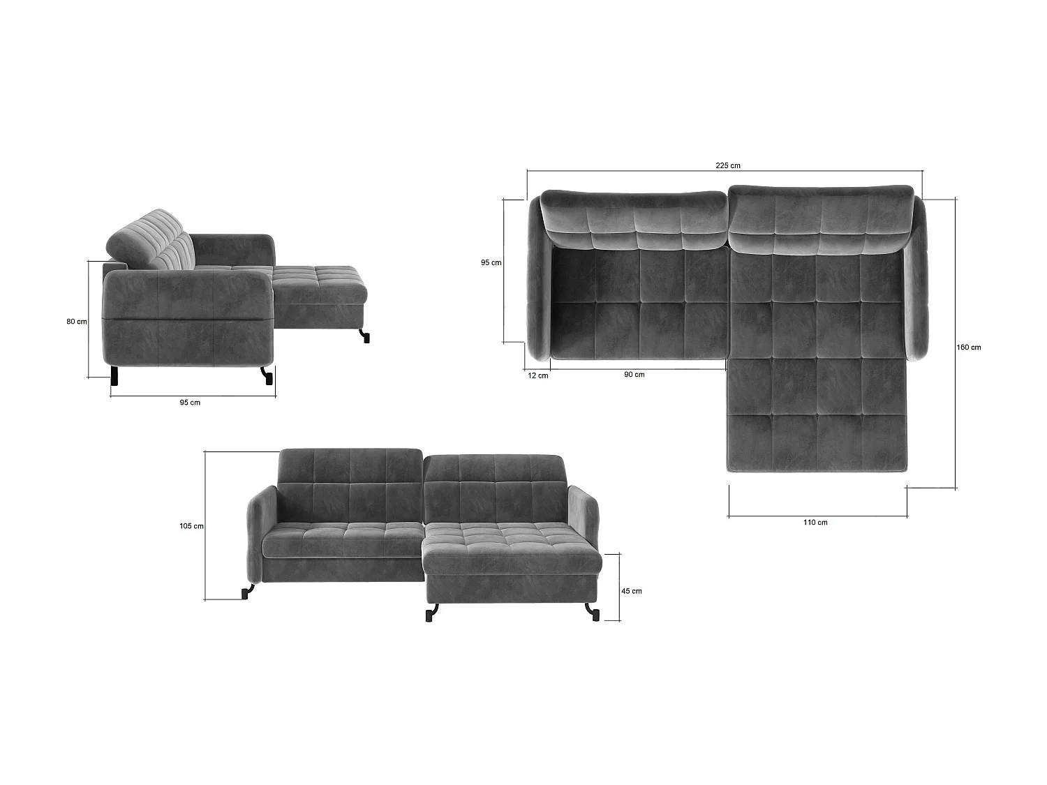 Canapé convertible tissu matelassé noir angle gauche Lory 225cm