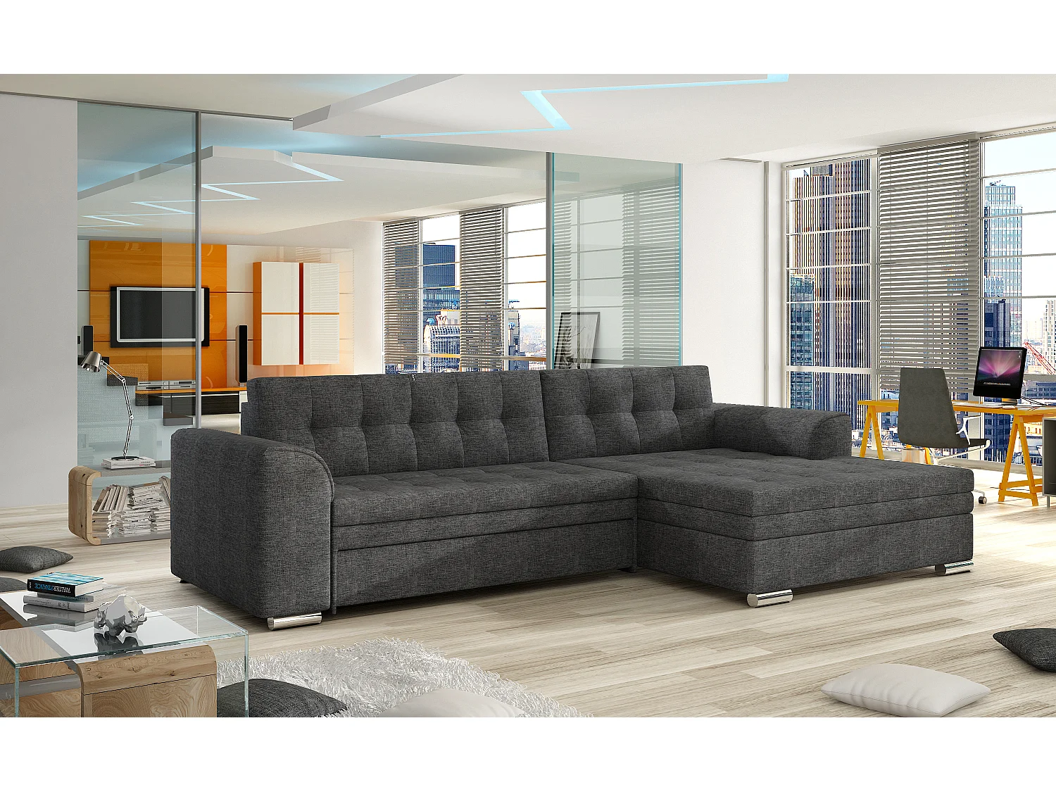 Canapé angle droit convertible tissu gris foncé chiné Kapitona 270cm