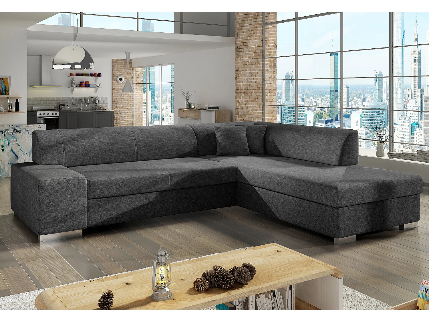 Moderne slaapbank haaks donkergrijs stof Plazo 278 cm