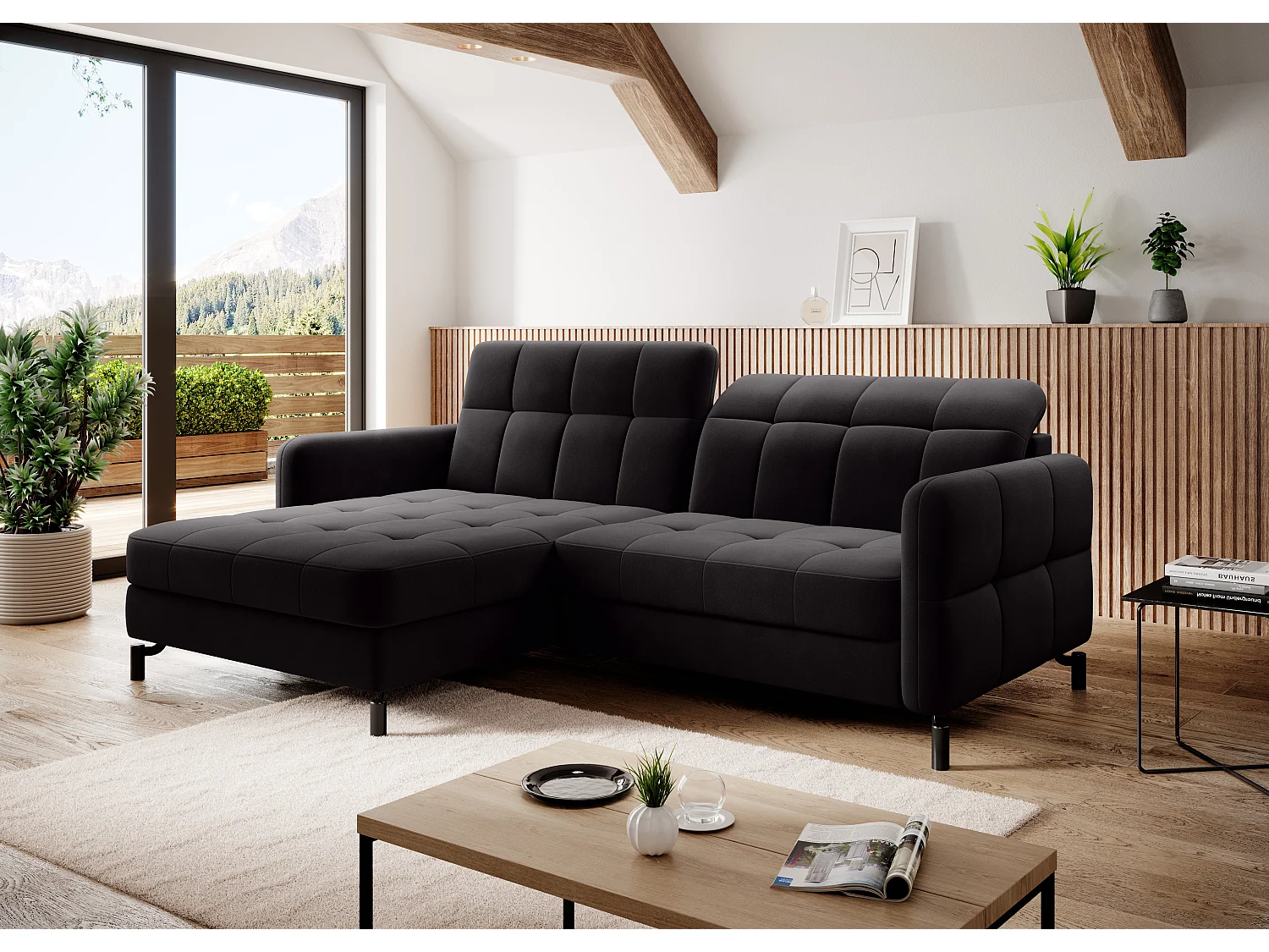 Canapé d'angle convertible velours avec coffre de rangement LORI-Noir-angle gauche