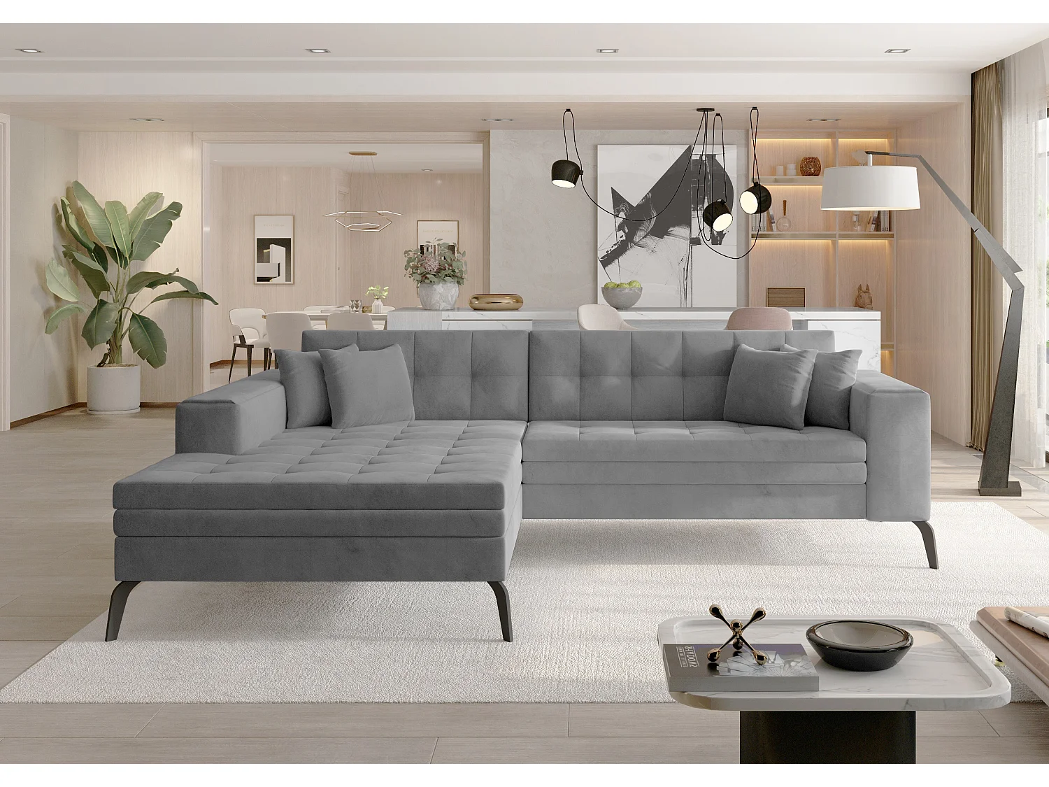 Canapé convertible capitonné angle gauche velours gris clair et pieds métal noir Lazor 295cm