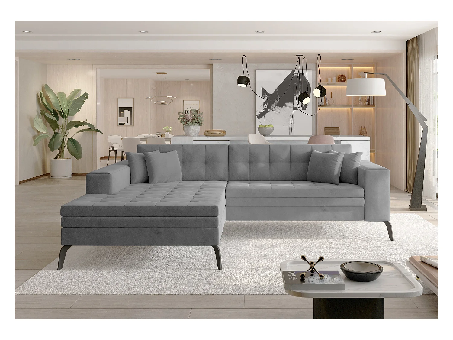Canapé convertible capitonné angle gauche velours gris clair et pieds métal noir Lazor 295cm