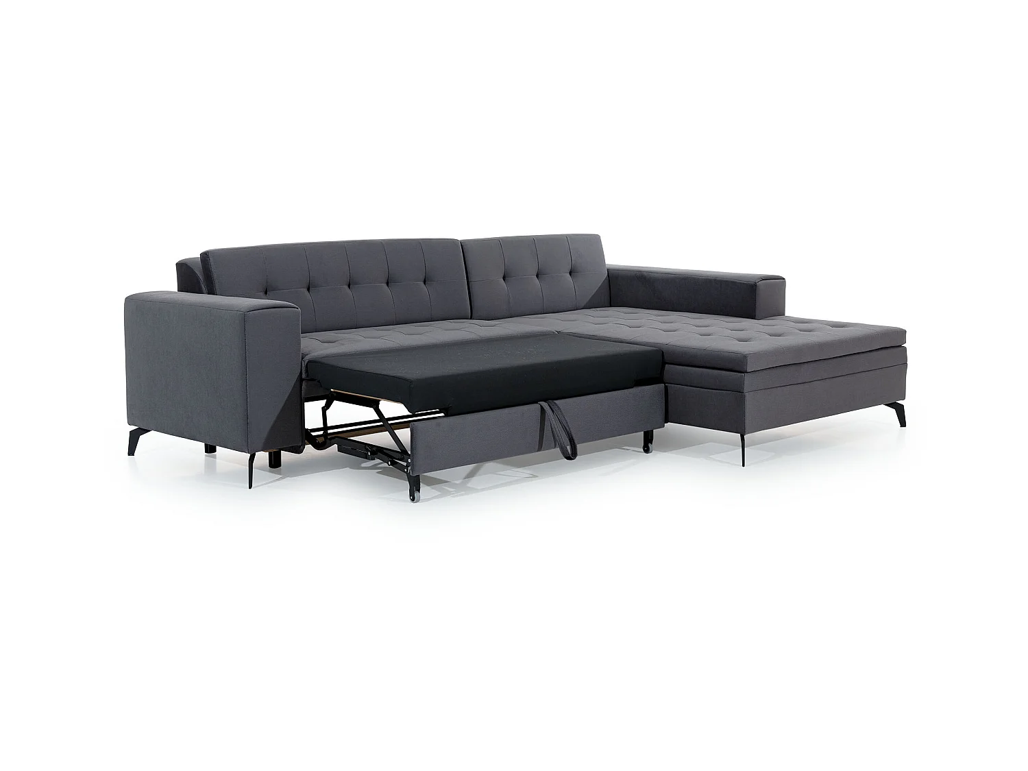 Canapé convertible capitonné angle gauche velours gris clair et pieds métal noir Lazor 295cm