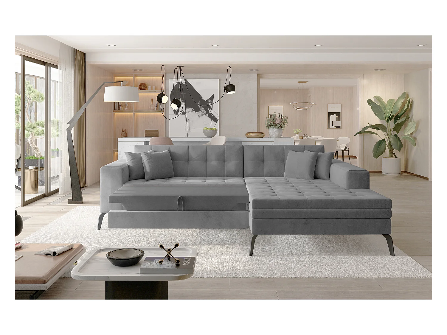 Canapé convertible capitonné angle gauche velours gris clair et pieds métal noir Lazor 295cm