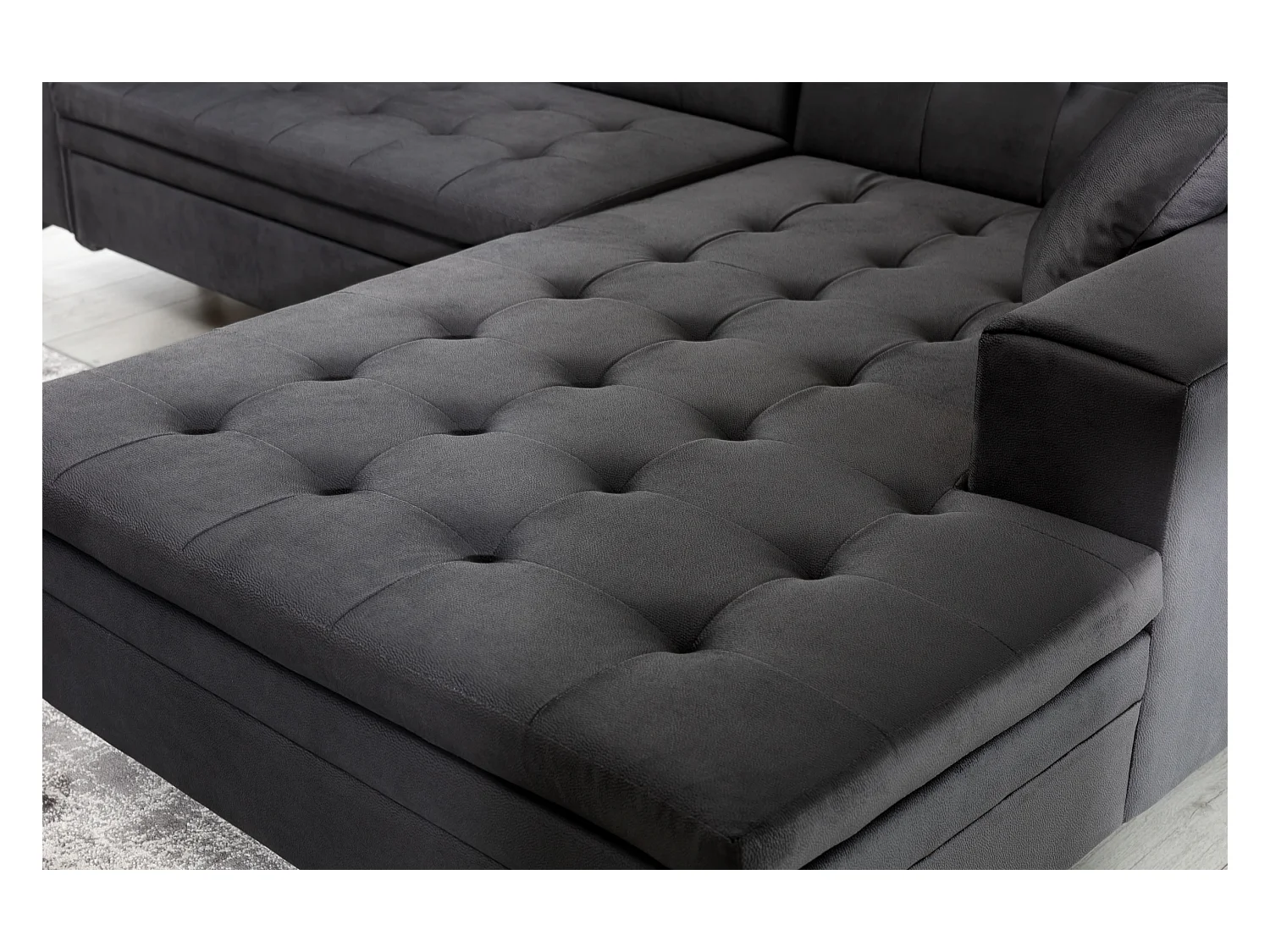 Canapé convertible capitonné angle gauche velours gris clair et pieds métal noir Lazor 295cm