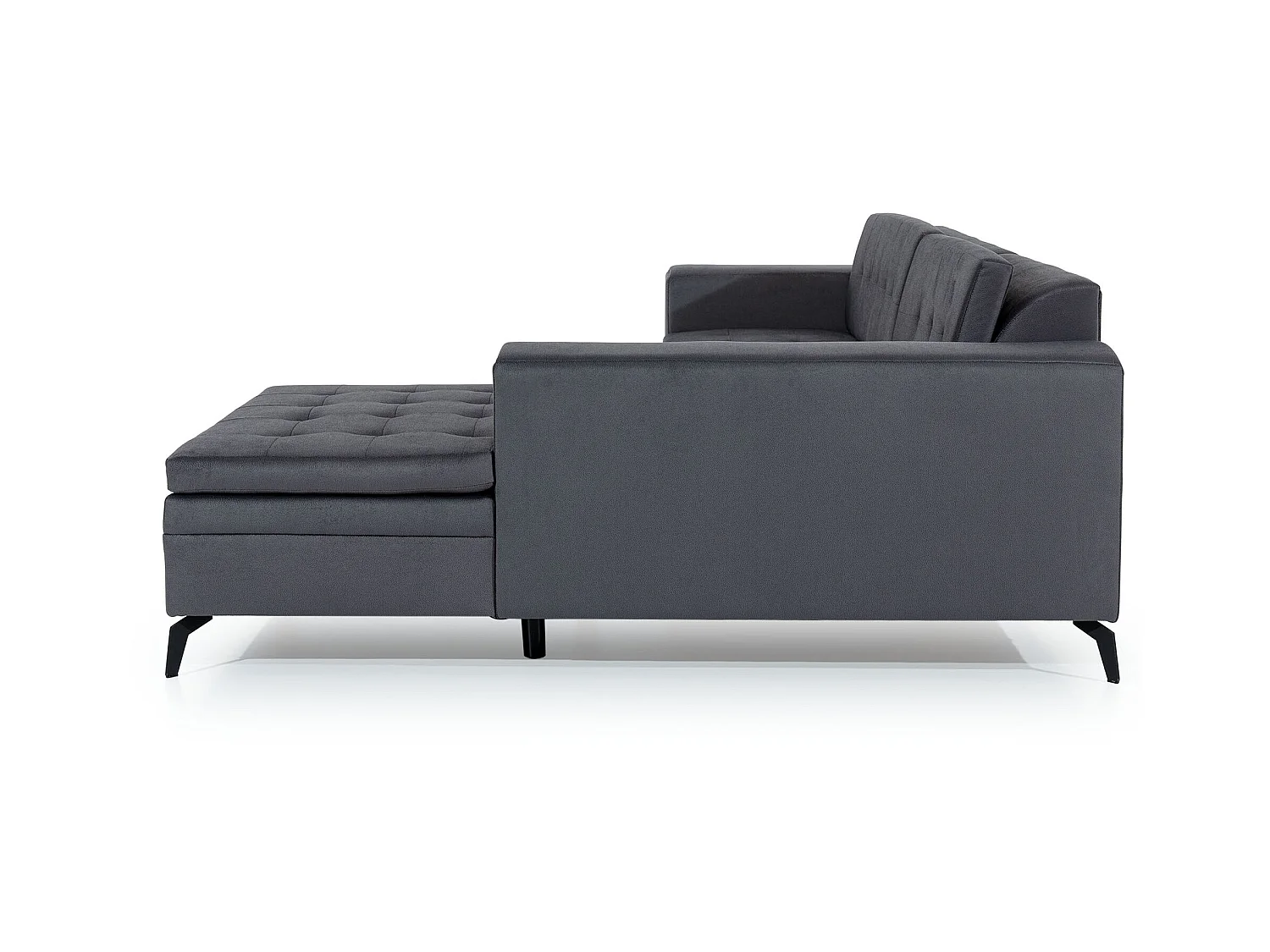 Canapé convertible capitonné angle gauche velours gris clair et pieds métal noir Lazor 295cm