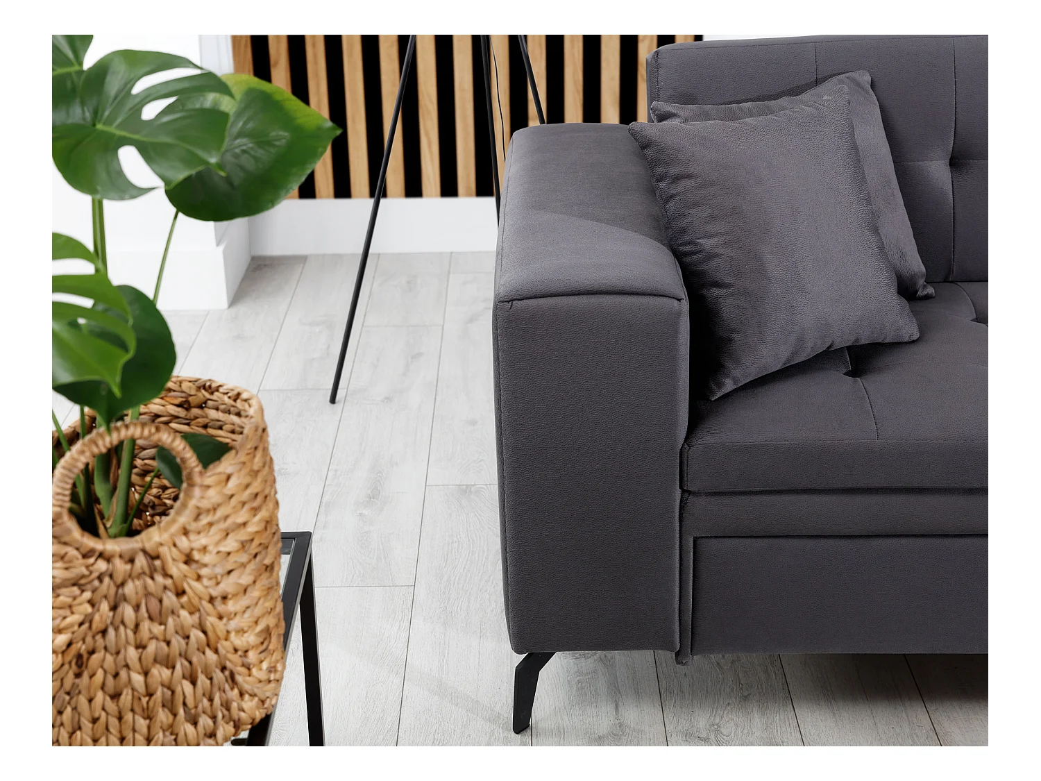 Canapé convertible capitonné angle gauche velours gris clair et pieds métal noir Lazor 295cm