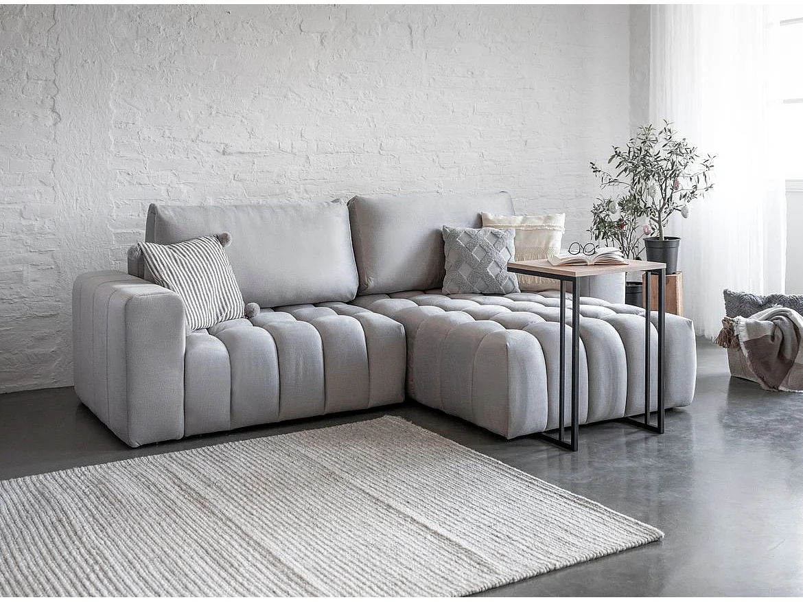 Canapé convertible design velours matelassé gris clair angle droit Bozen 250cm