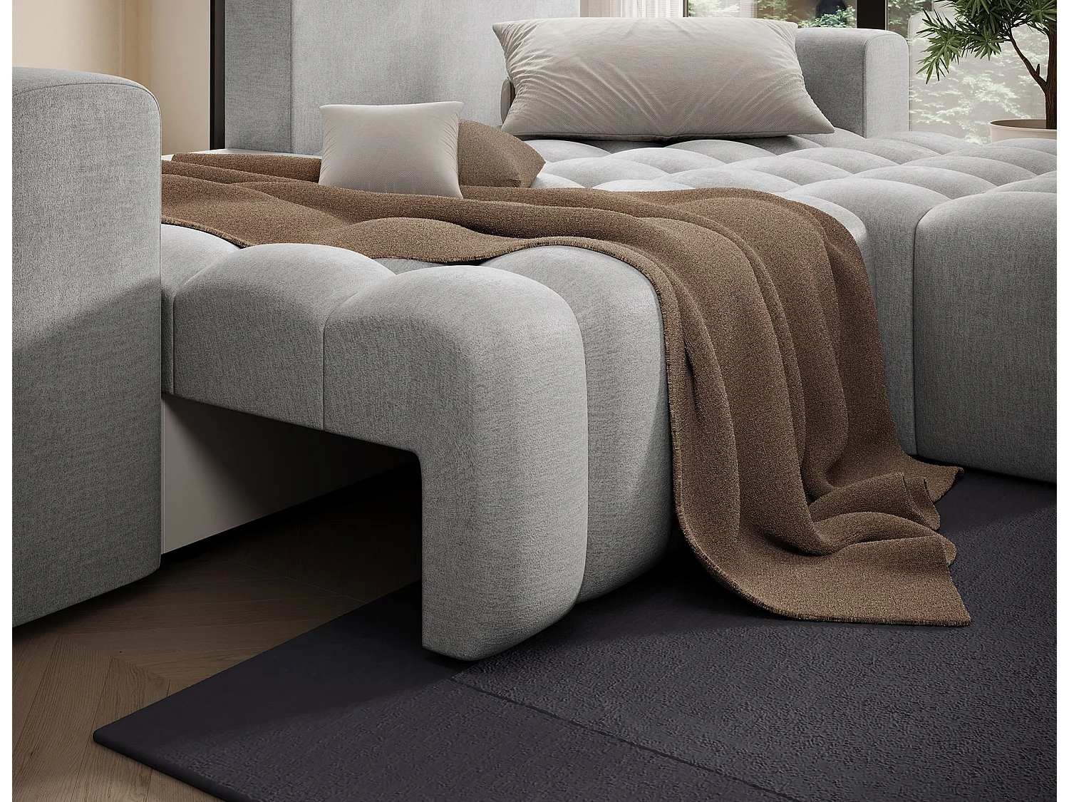 Canapé convertible design velours matelassé gris clair angle droit Bozen 250cm