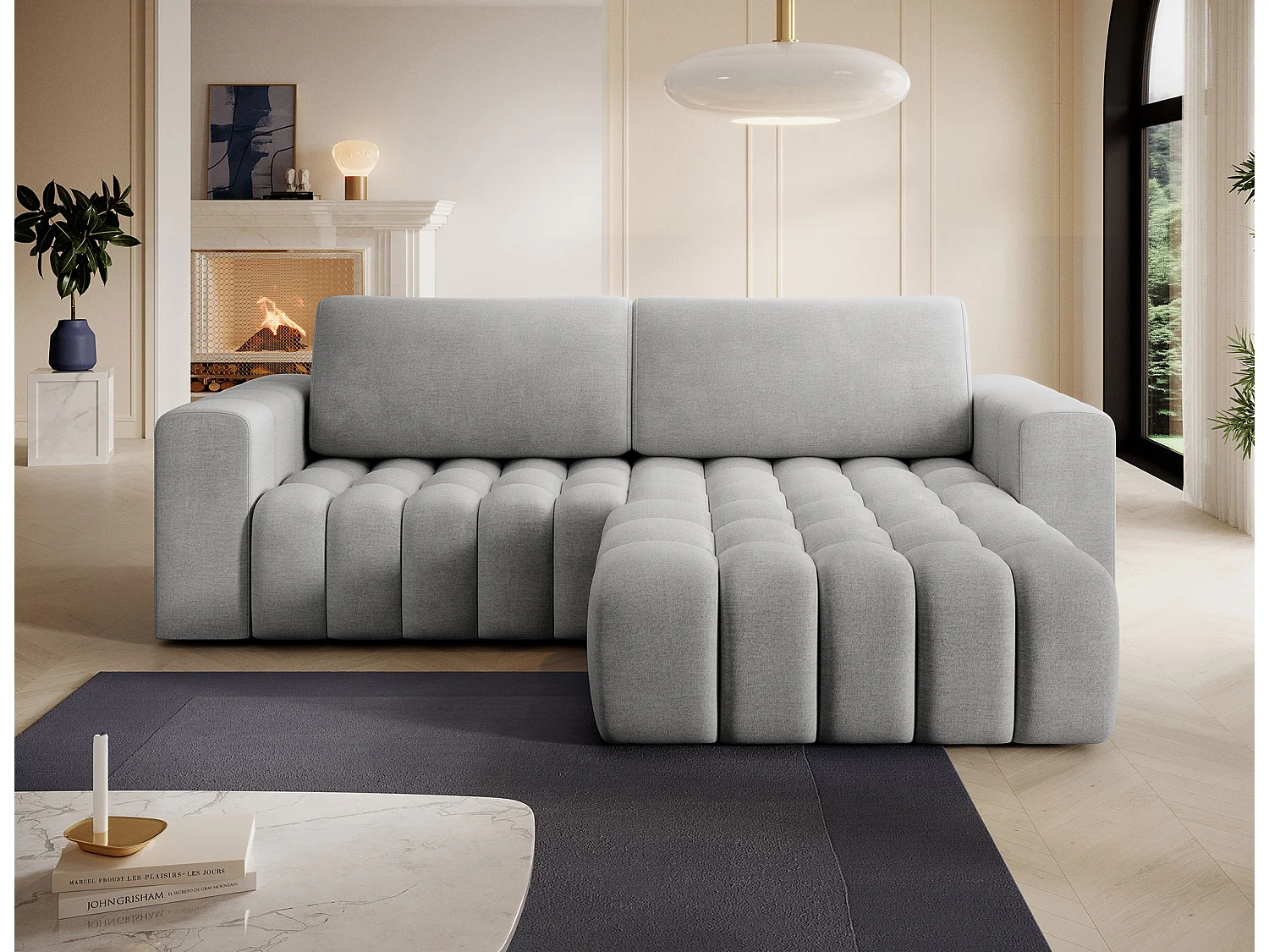 Canapé d’angle velours capitonné BOZEN – Convertible et rangement-Gris clair-angle droit