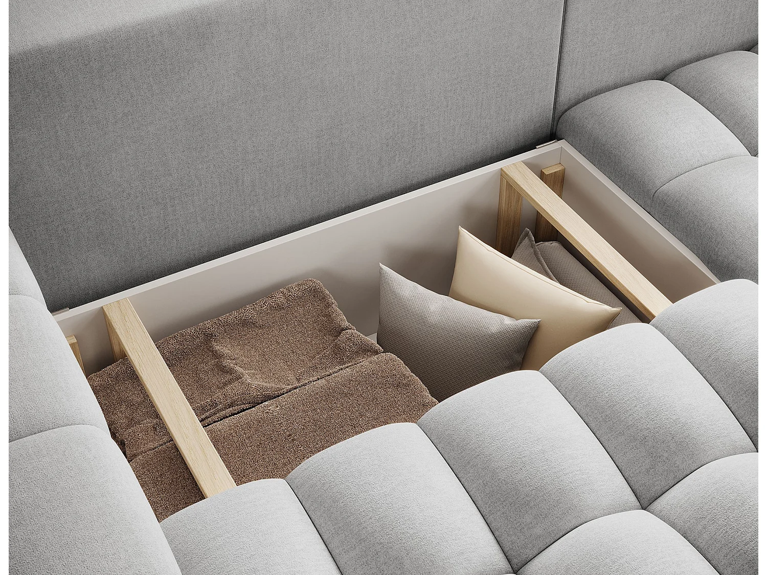 Canapé d’angle velours capitonné BOZEN – Convertible et rangement-Gris clair-angle droit