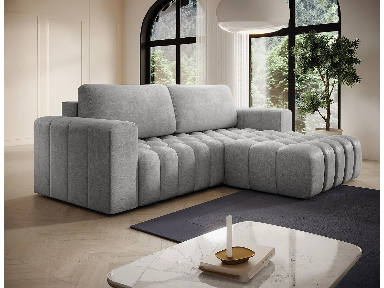 Canapé d’angle velours capitonné BOZEN – Convertible et rangement-Gris clair-angle droit