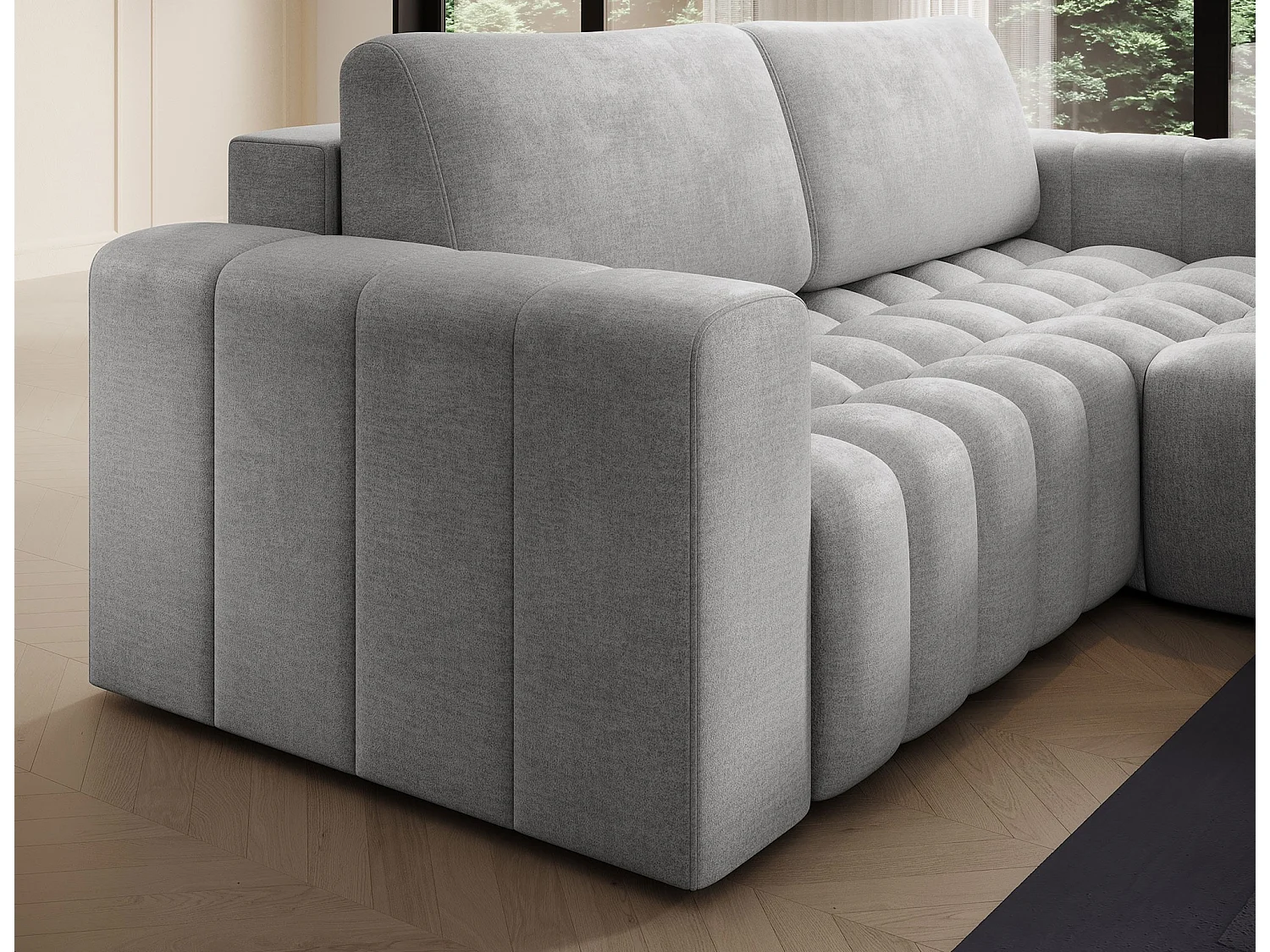 Canapé d’angle velours capitonné BOZEN – Convertible et rangement-Gris clair-angle droit