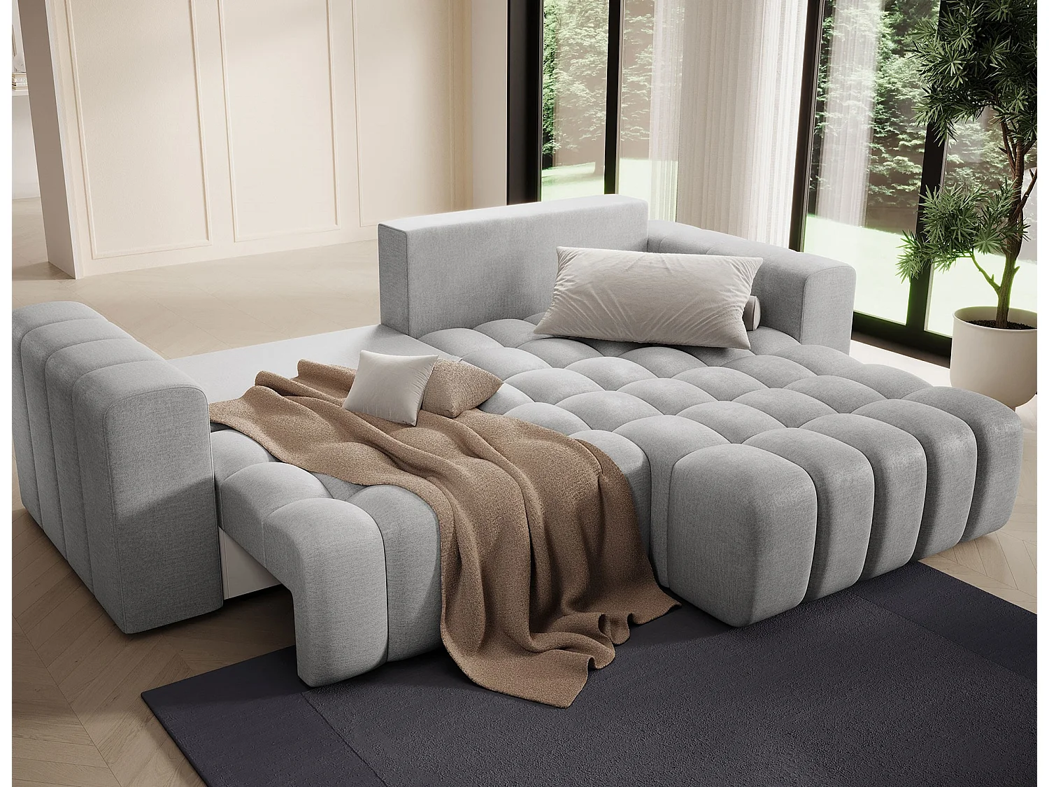 Canapé d’angle velours capitonné BOZEN – Convertible et rangement-Gris clair-angle droit