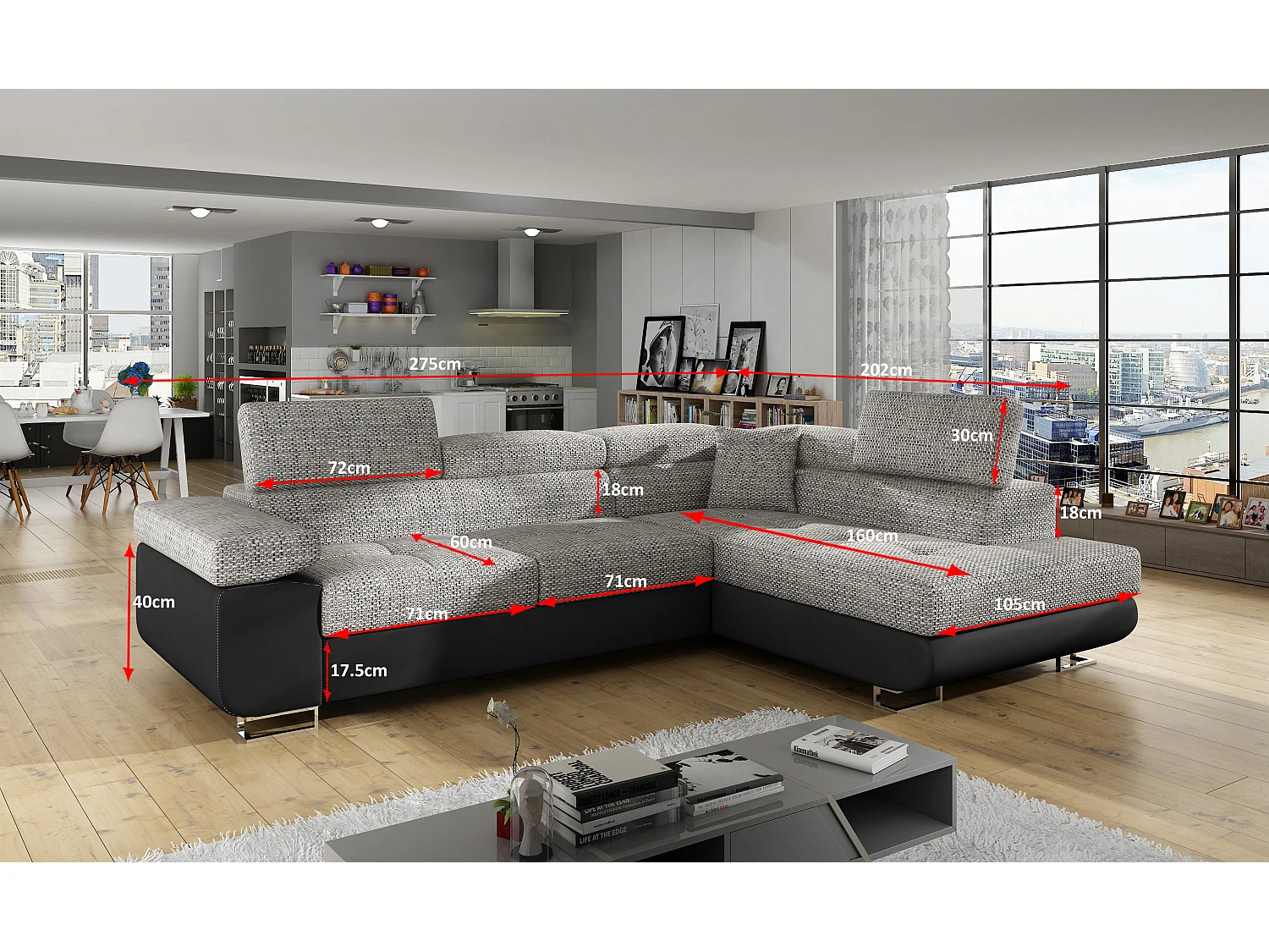 Canapé d'angle gauche convertible simili gris Marka 275cm