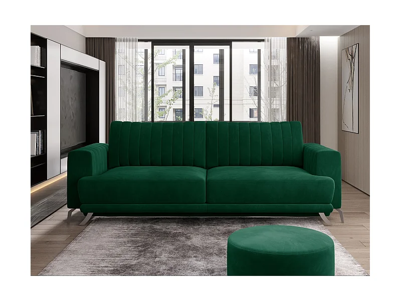 Canapé convertible design 3-4 places tissu vert et pieds acier chromé Eliza 250cm