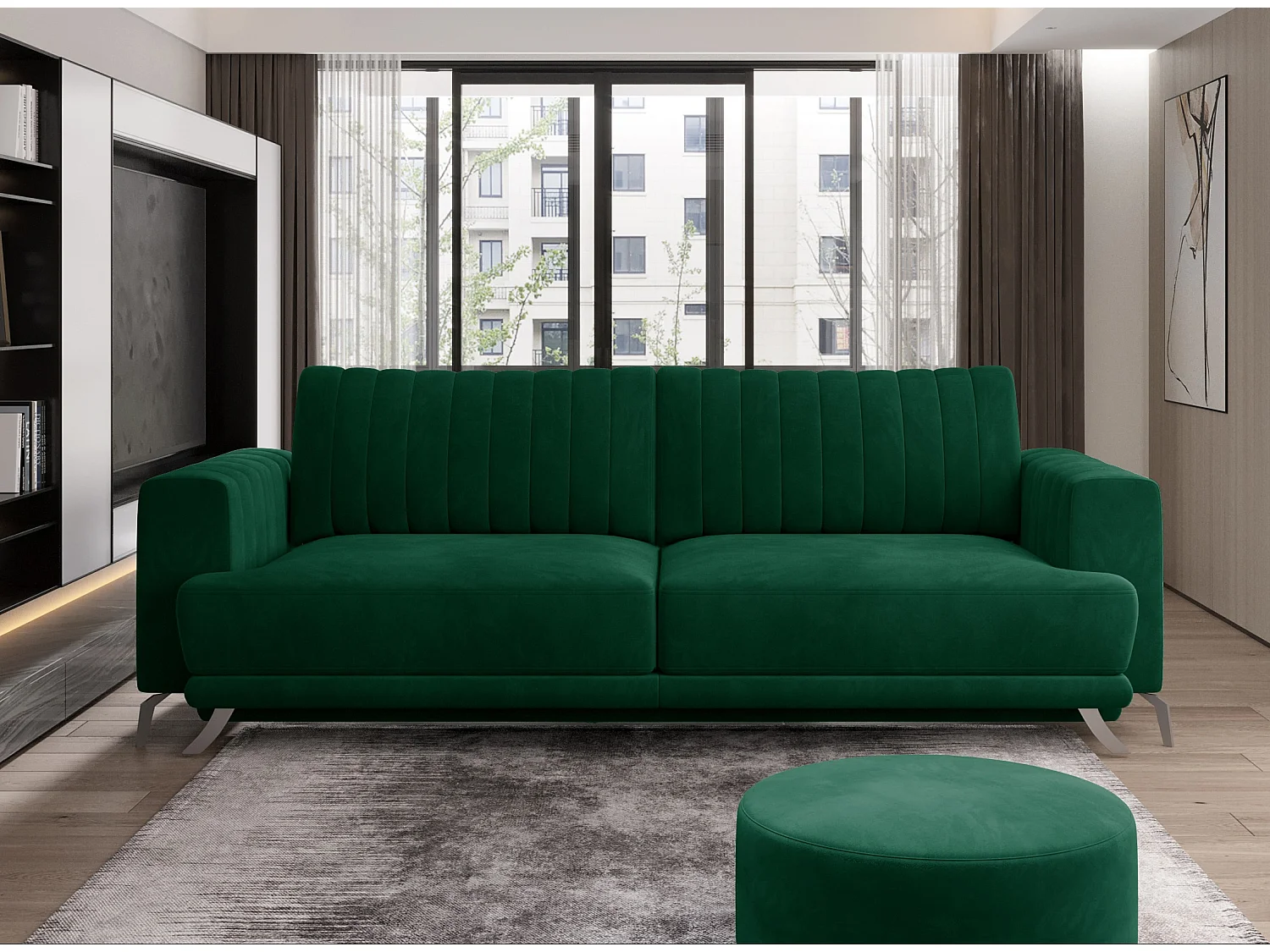 Canapé convertible design 3-4 places tissu vert et pieds acier chromé Eliza 250cm