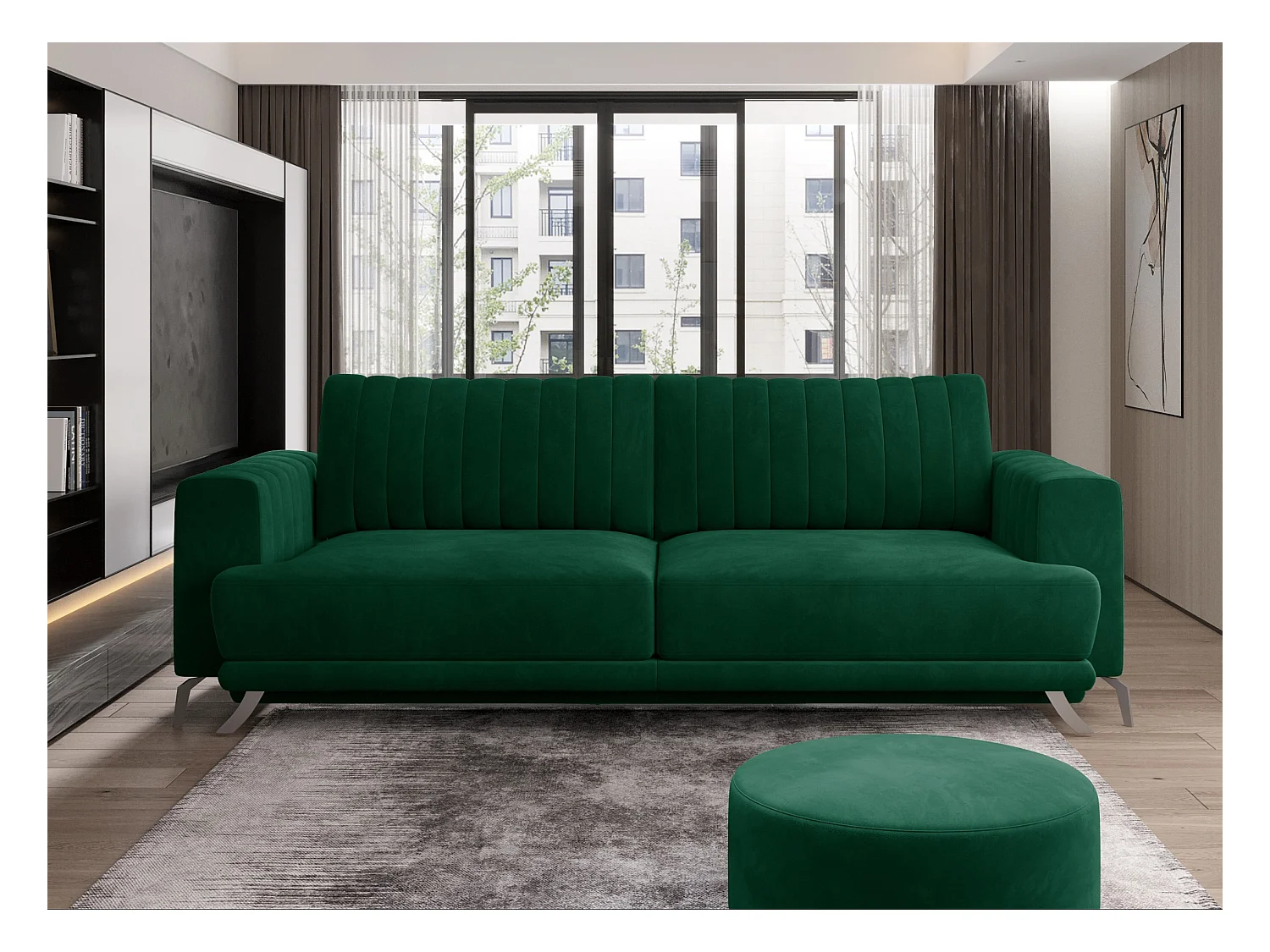 Canapé convertible design 3-4 places tissu vert et pieds acier chromé Eliza 250cm