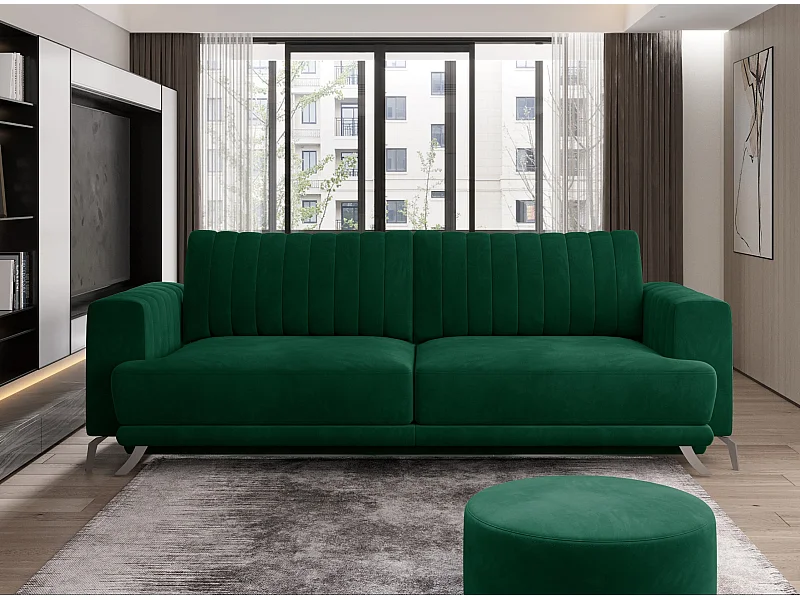 Canapé convertible design 3-4 places tissu vert et pieds acier chromé Eliza 250cm