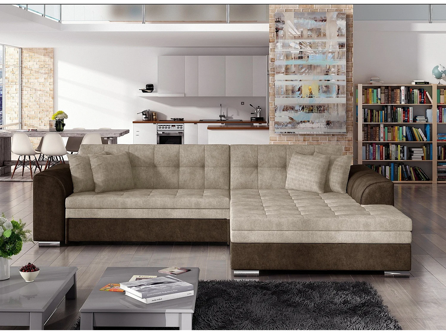 Canapé d'angle droit convertible 4 places tissu marron et beige Looka 295cm